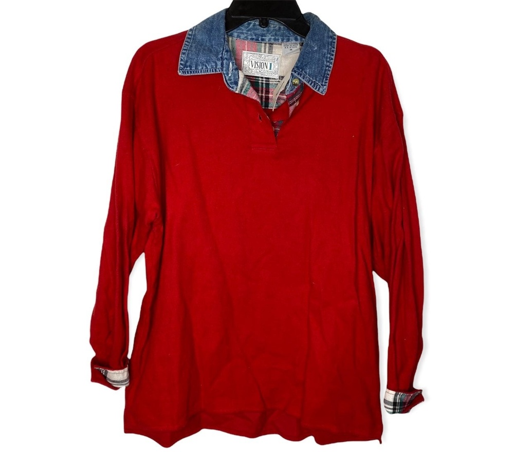 New vintage 90s 1990s Vision Denim Collar red fleece & plaid shirt  med